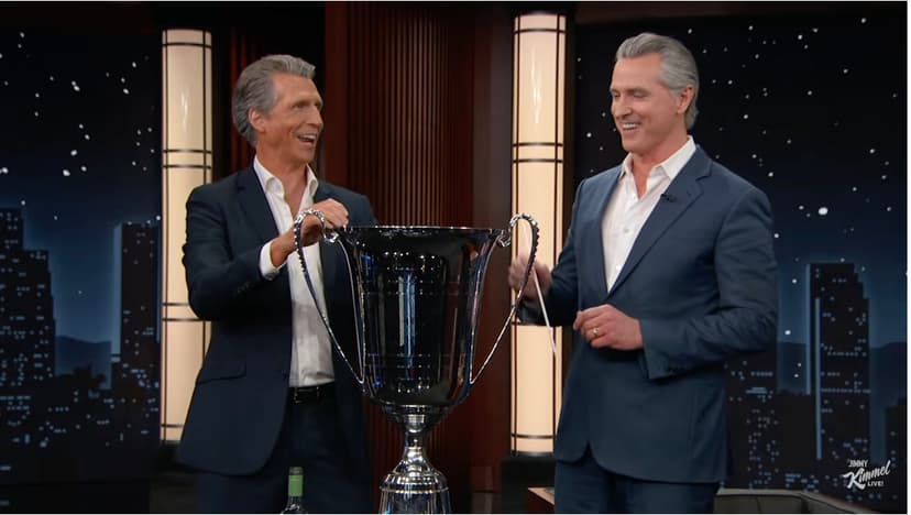 Gavin Newsom Receives Jimmy Kimmel’s “Cup O’ Peace” Prize In Latest Mockery Of Donald Trump