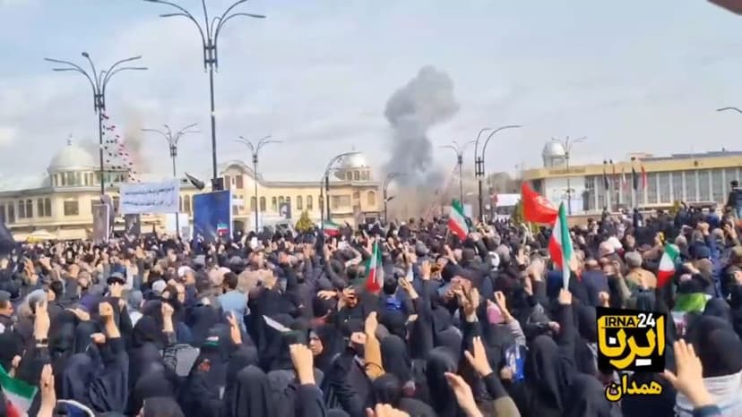 Iranian crowd chants ‘God is great’ and ‘death to America’ after strikes hit near rally in Hamadan