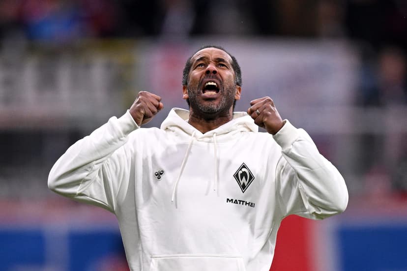 Werder Bremen’s Daniel Thioune (51) shrugs off questions about his first Bundesliga win: “Nothing better in this world than winning a football match.”