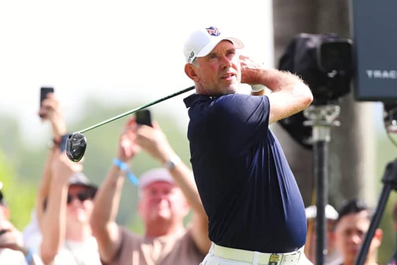 52-year-old Lee Westwood reacts to leading Bryson DeChambeau and Jon Rahm at LIV Singapore