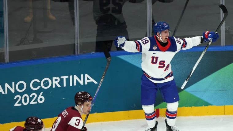 Brock Nelson Wears Bubble Shield Facemask for Team USA in Olympics