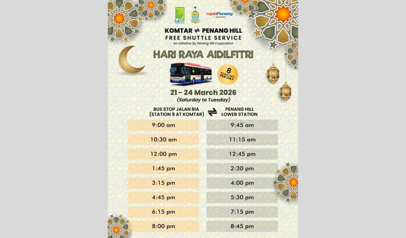 Heading to Penang Hill this Raya? Free shuttle service between Komtar and Lower Station March 21 to 24