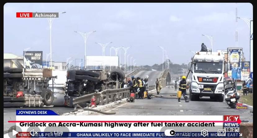Fuel tanker crash blocks Accra-Kumasi highway; Fire Service warns of explosion risk