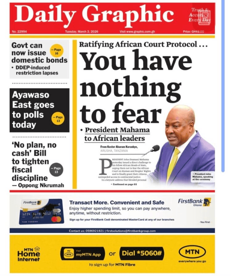 Ghanaian Newspapers Feature Front Pages for Tuesday, March 3, 2026