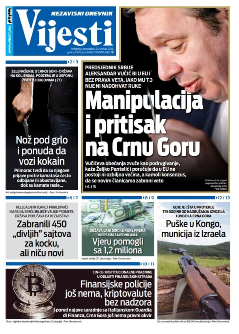 Montenegrin Newspaper 'Vijesti' Front Page for February 23, 2026