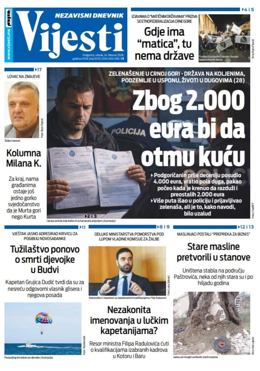 Naslovna strana "Vijesti" za 24. februar 2026.