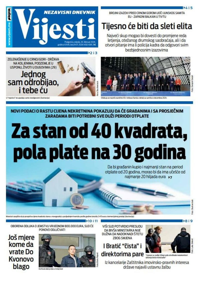 Naslovna strana "Vijesti" za 25. februar 2026.