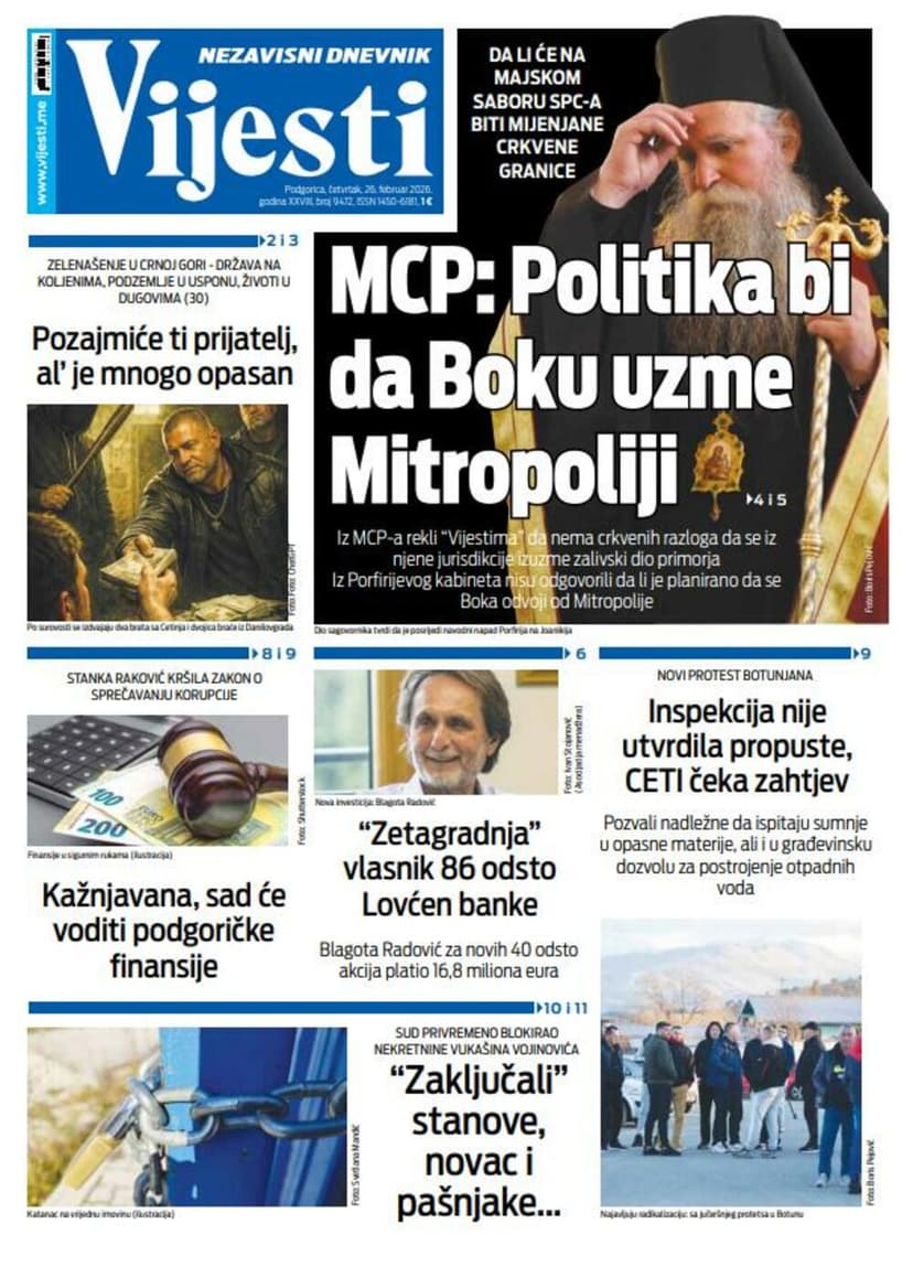 Vijesti Front Page for February 26, 2026