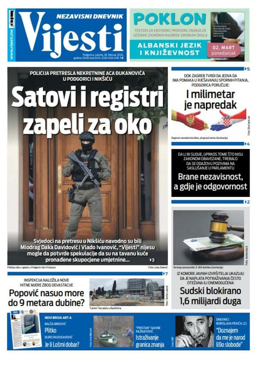 Vijesti Front Page for February 28, 2026