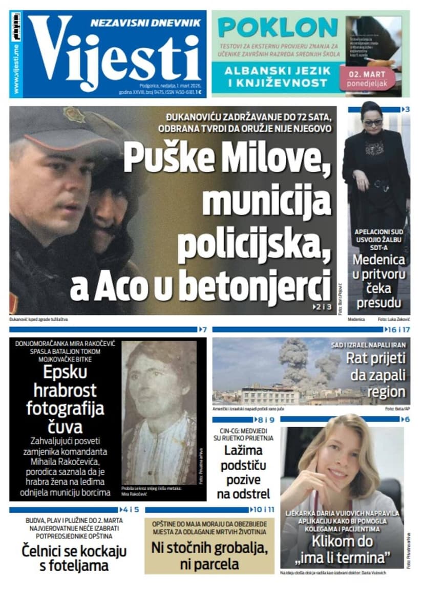 Vijesti front page for March 1, 2026