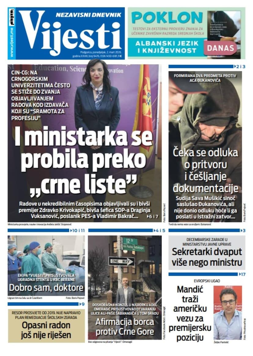 Vijesti Front Page for March 2, 2026