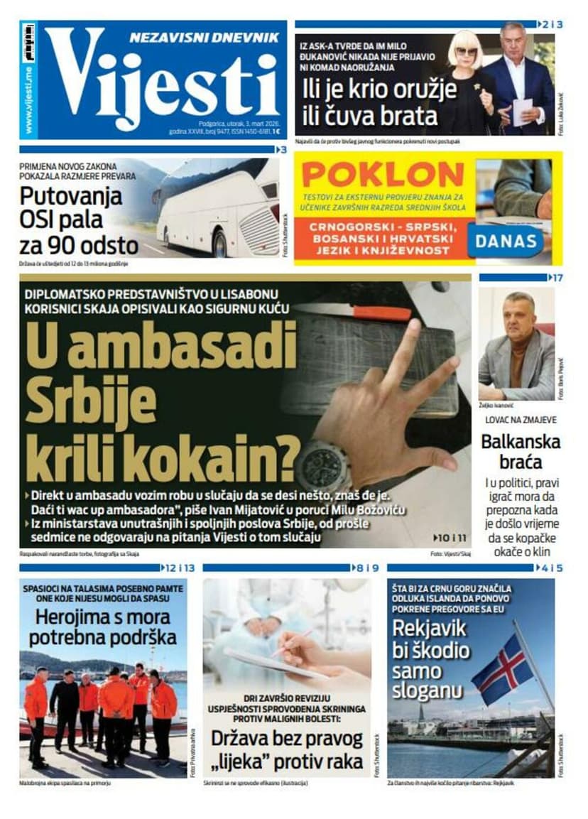 Naslovna strana "Vijesti" za 3. mart 2026.