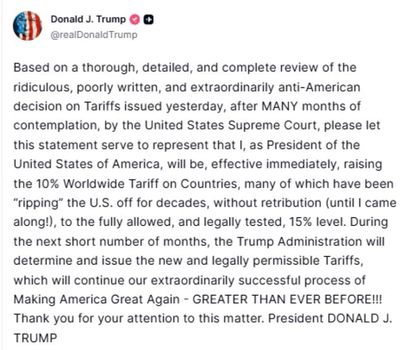 Trump raised the new tariffs to 15% on all imports from all countries