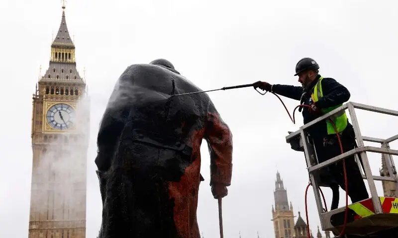 Man charged with criminal damage for pro-Palestinian graffiti on Churchill statue