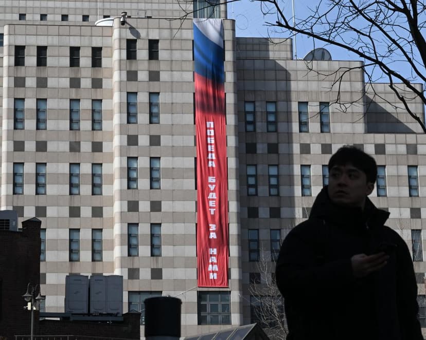 Russian embassy in Seoul raises 'victory will be ours' banner, drawing complaints