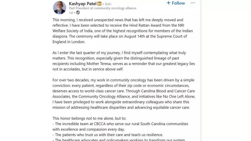 Indian-Origin Doctor Kashyap Patel Honored with Hind Rattan Award for Cancer Care