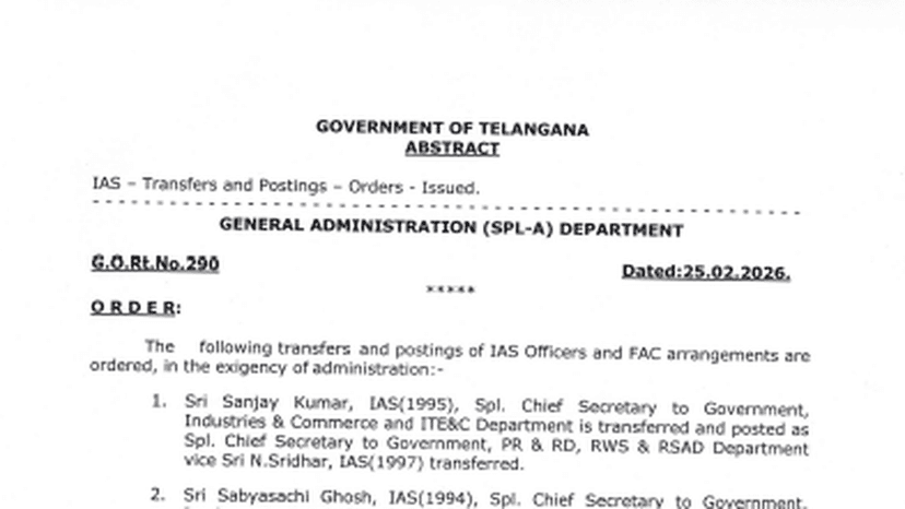 Telangana IAS transfers Feb 2026 | Major reshuffle across key departments and district collector posts