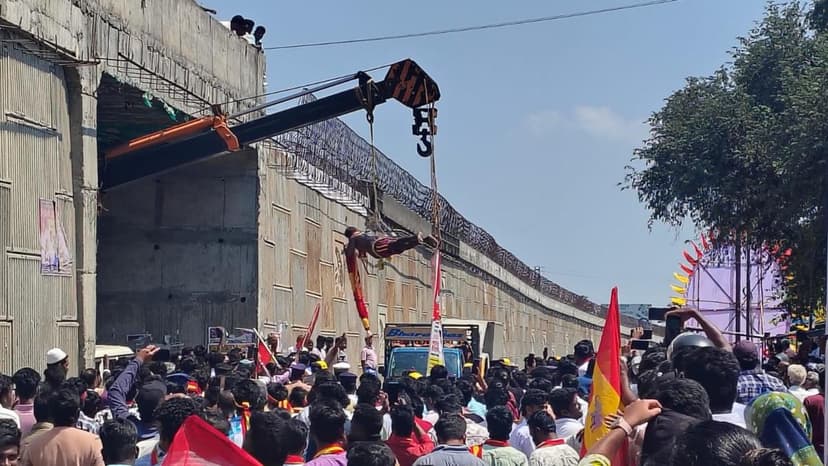 TVK Cadre and Crane Operator Arrested for Garlanding Vijay with Crane