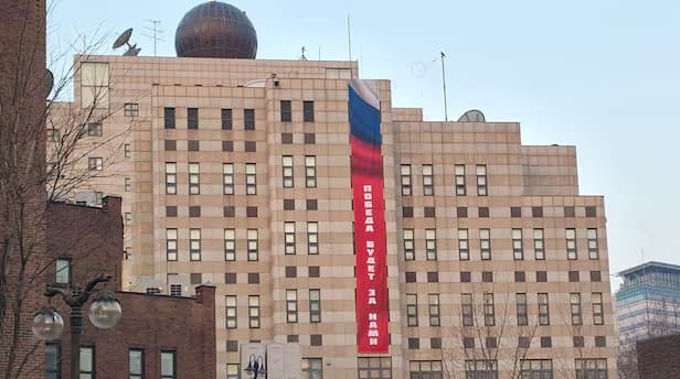 Russian embassy in Seoul hangs up banner glorifying war against Ukraine and refuses to take it down, Korean media reports