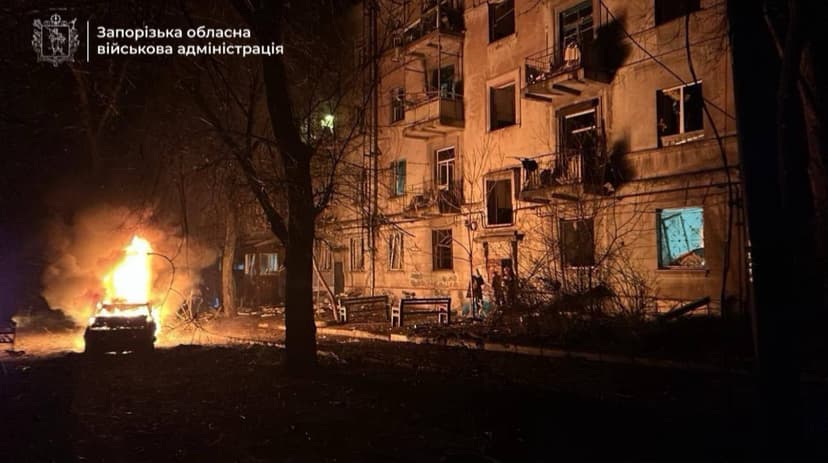 Russian Drones Strike Zaporizhzhia, Residential Building on Fire, Seven Wounded