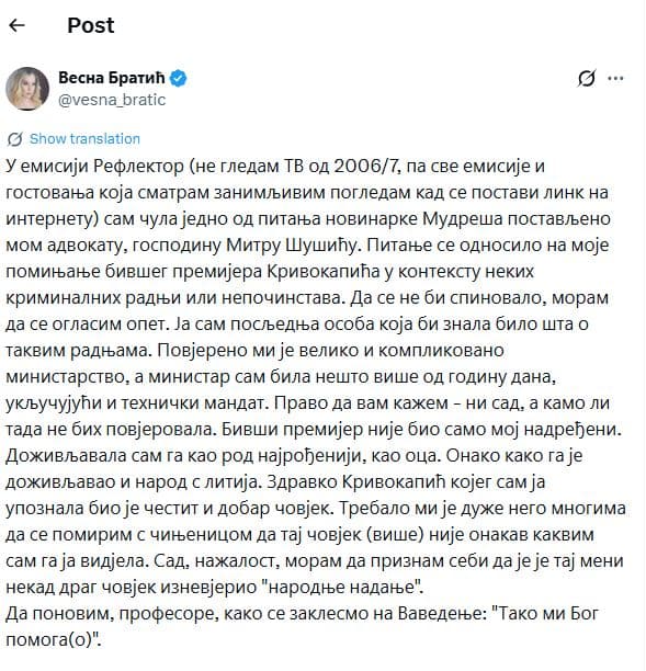 Former Minister Bratić on Krivokapić: 'He Betrayed Popular Hope'