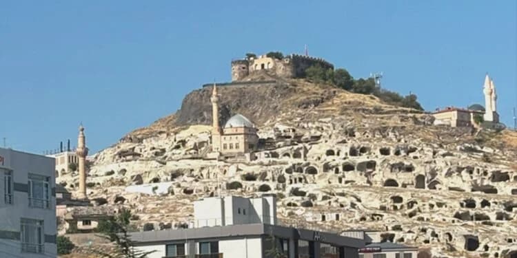 Faithful replica of the bell tower of Saint George in Neapolis of Cappadocia in a central square of the Municipality of Neapolis-Sykeon