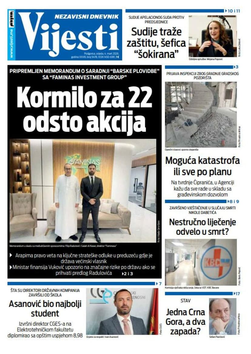 Front Page of 'Vijesti' for March 4, 2026